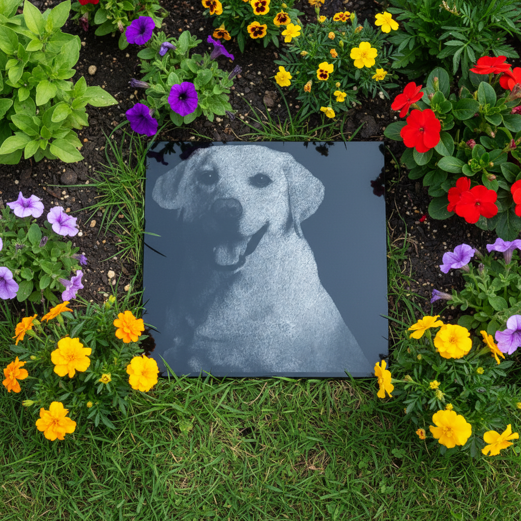 Garden memorial plaque with laser engraved pet portrait
