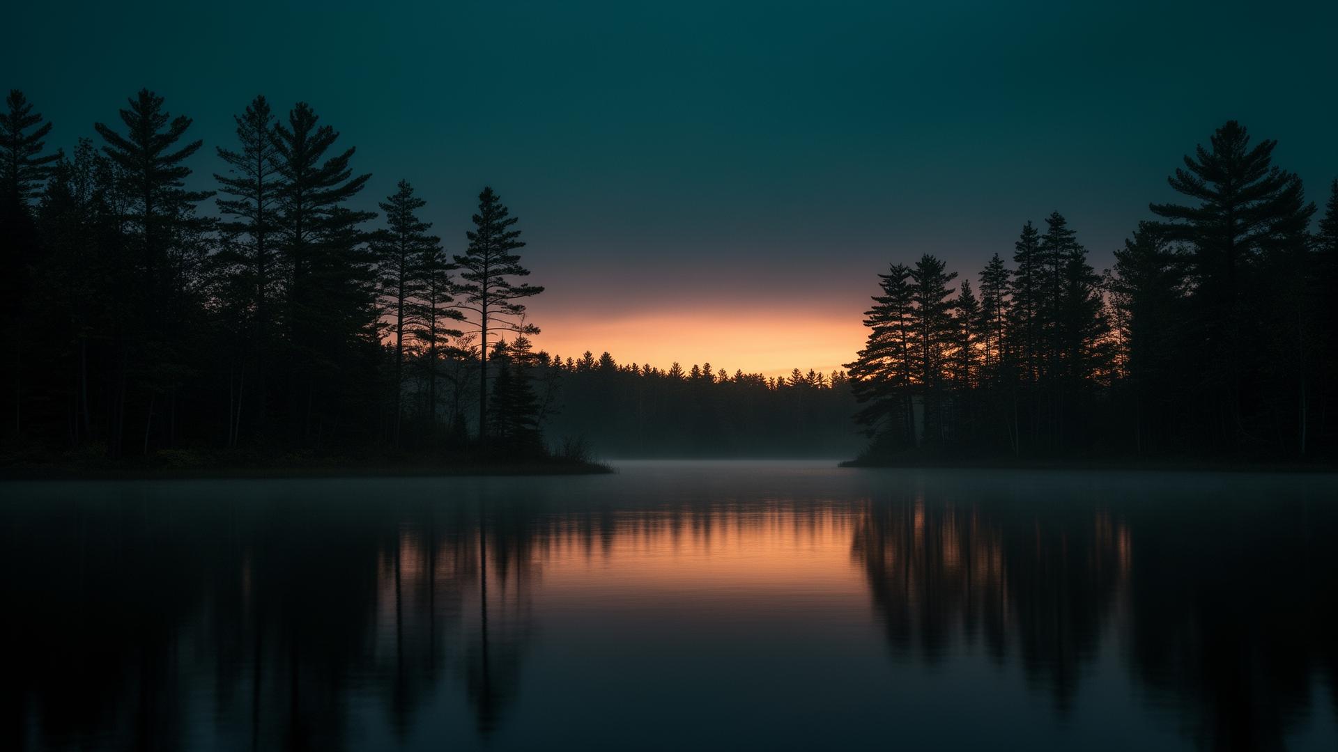 Northern Ontario lake at twilight with pine silhouettes